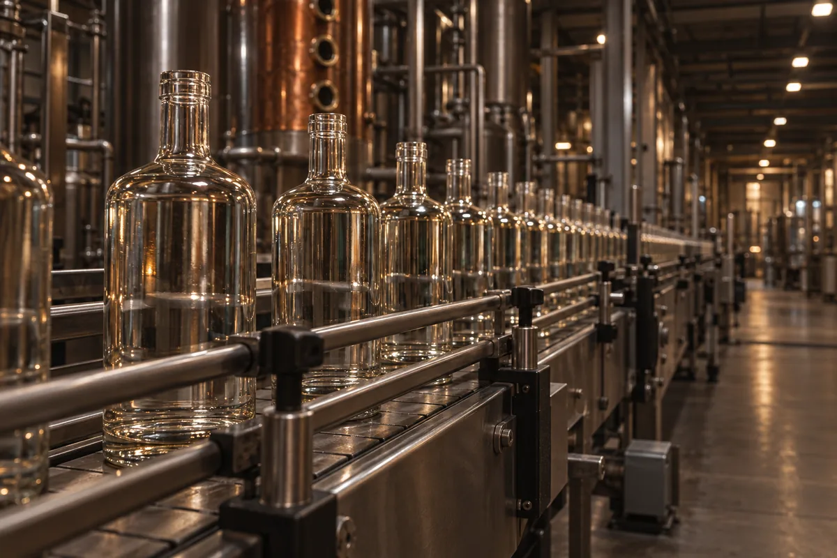 A bottling line running bare glass spirit bottles along stainless conveyor rails inside a plant hall, none of them filled or labelled yet