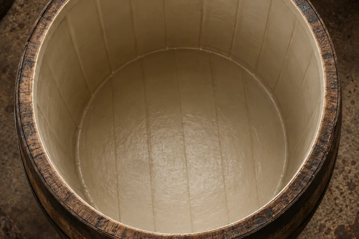 The open head of an oak barrel whose inside is coated in a smooth pale wax lining, the grain of the wood sealed under it