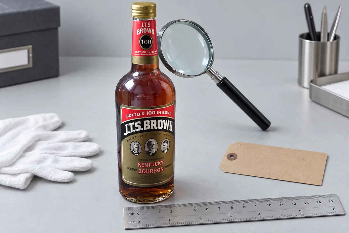 J.T.S. Brown bottled-in-bond bourbon bottle on a label-inspection desk with magnifying glass and ruler