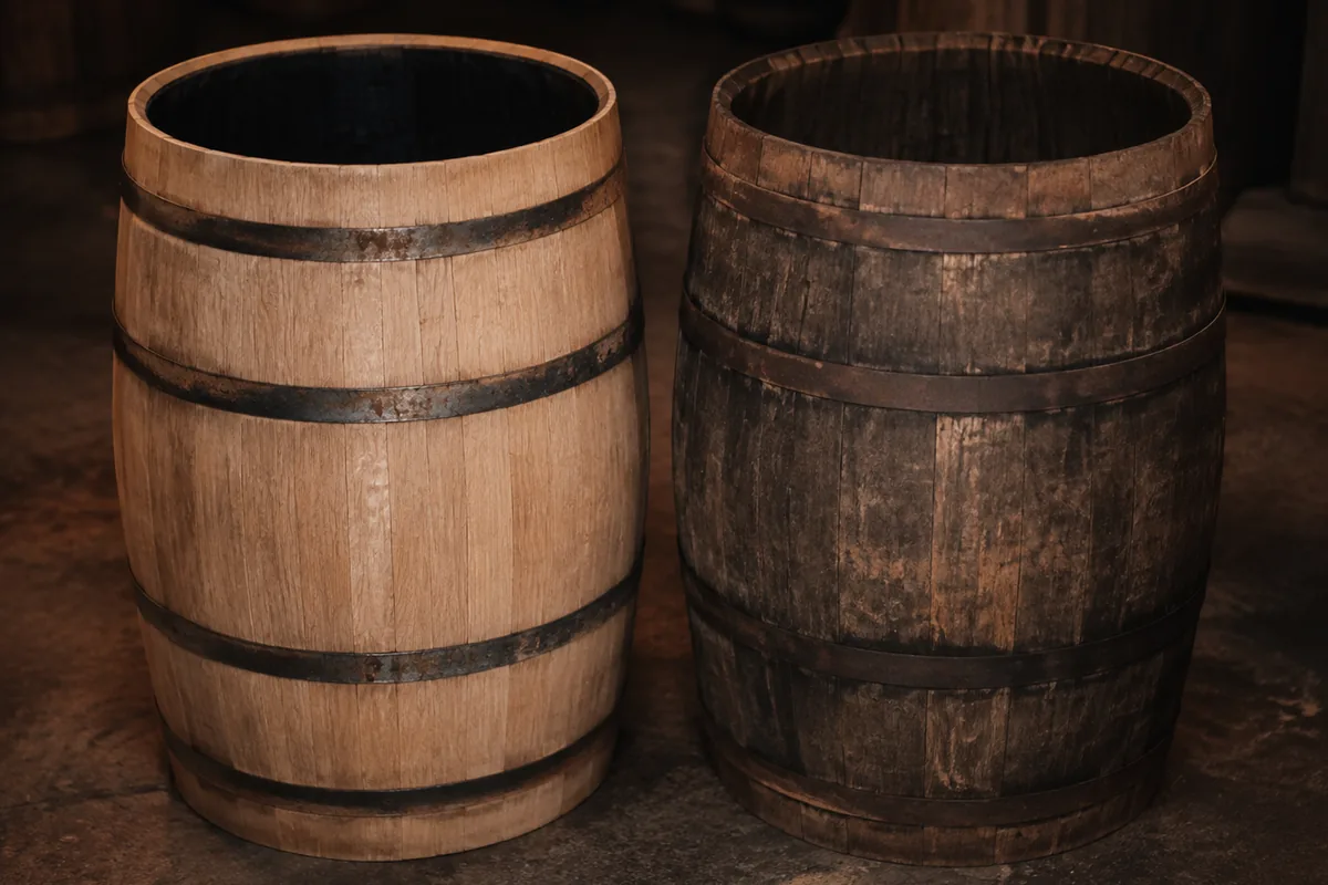 A pale new oak barrel with a freshly charred interior standing next to a darkened, stained used barrel on a warehouse floor, the difference in the wood clear between them.