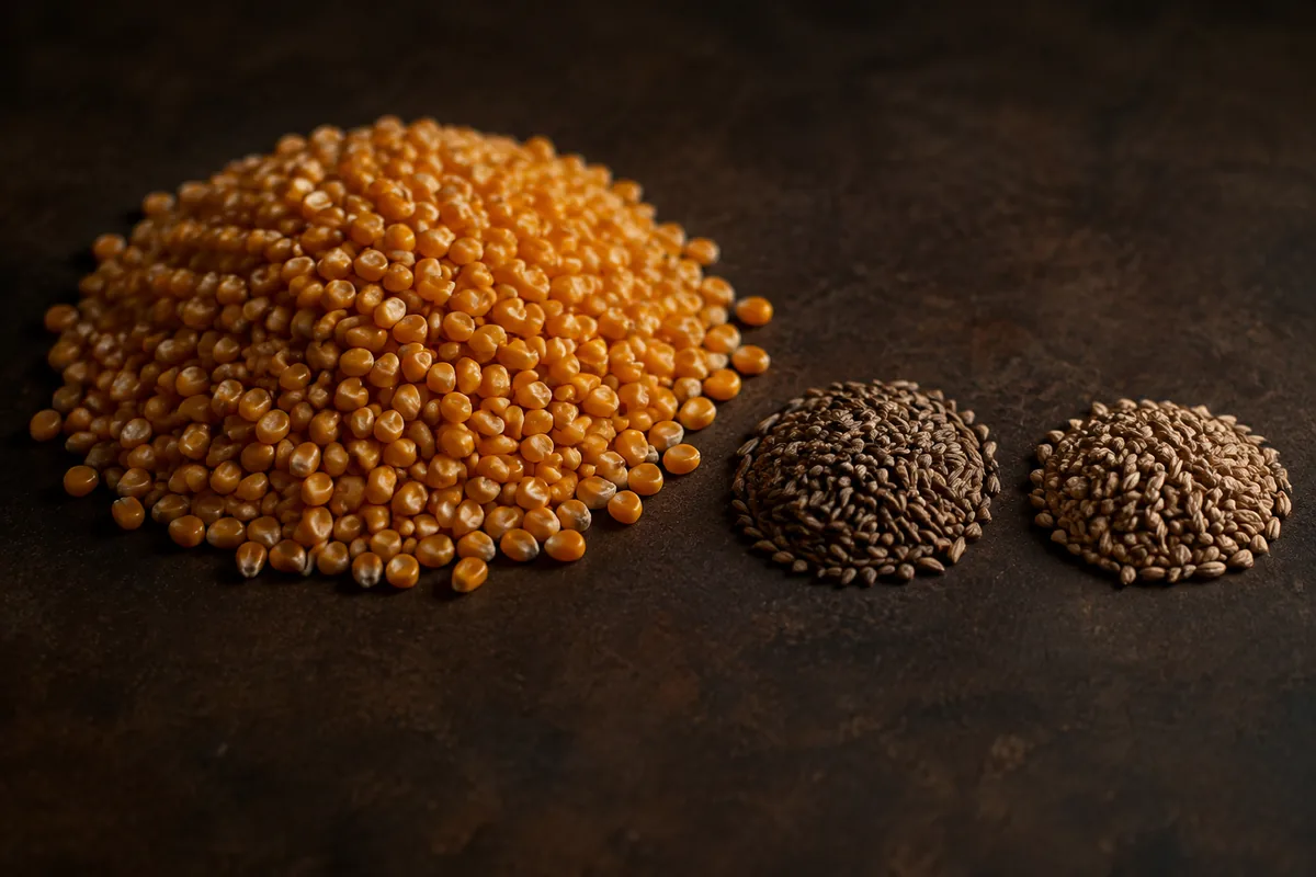 A heap of dried corn kernels beside smaller heaps of rye and malted barley on a plain dark surface, the corn heap far larger than the other two together.