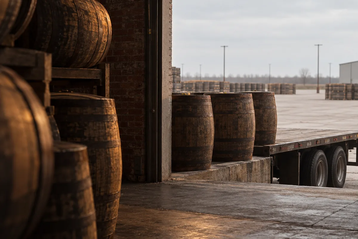 Filled oak barrels standing at the open edge of a loading dock beside a flatbed trailer