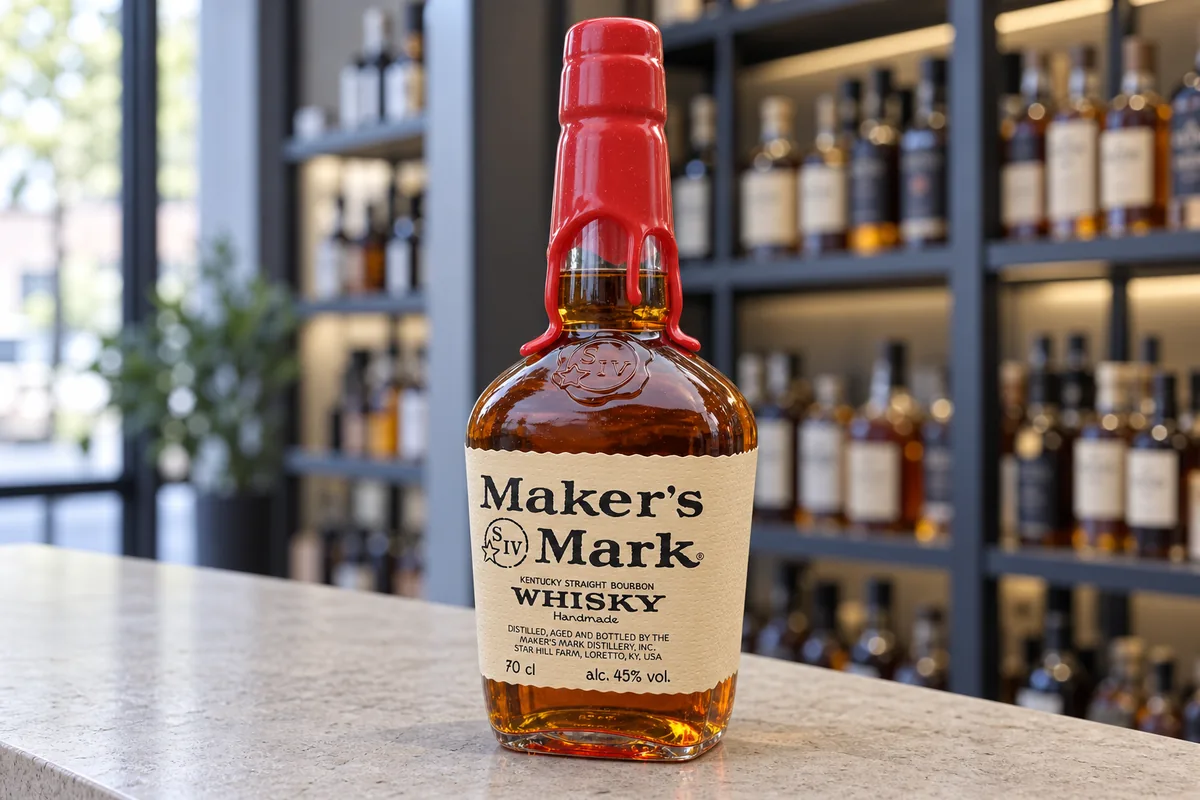 Maker's Mark Kentucky Straight Bourbon Whisky bottle on a pale limestone counter in a modern bottle shop.
