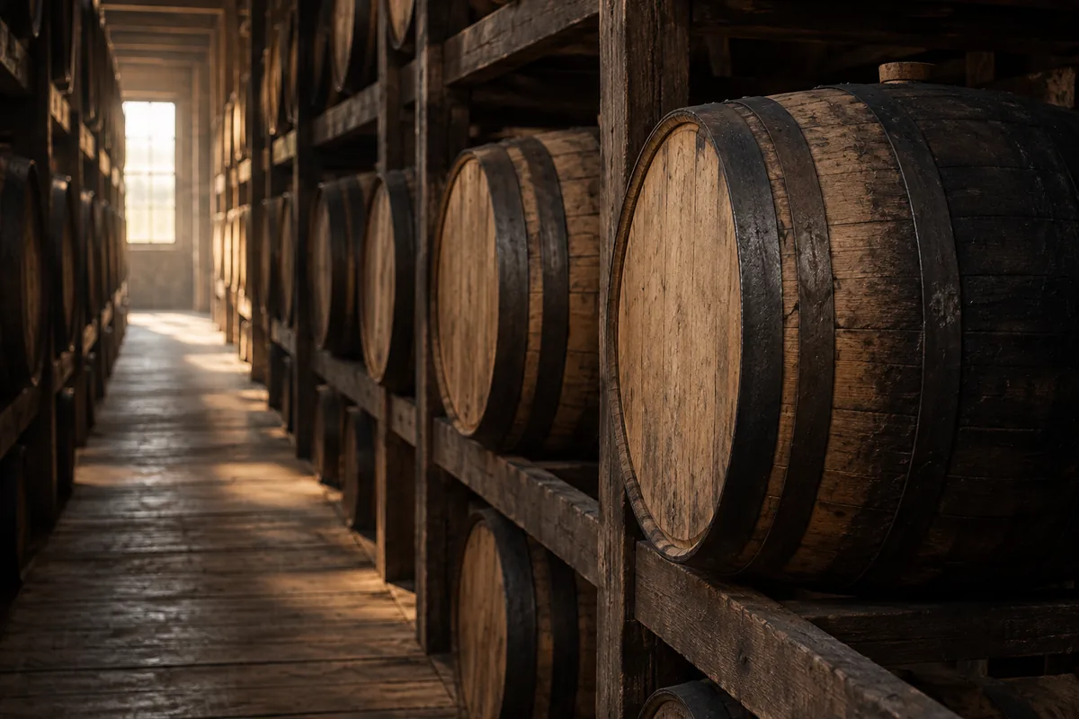 An aisle of charred oak barrels resting on wooden ricks, lit from a doorway at the far end, with nothing on any barrel recording a date