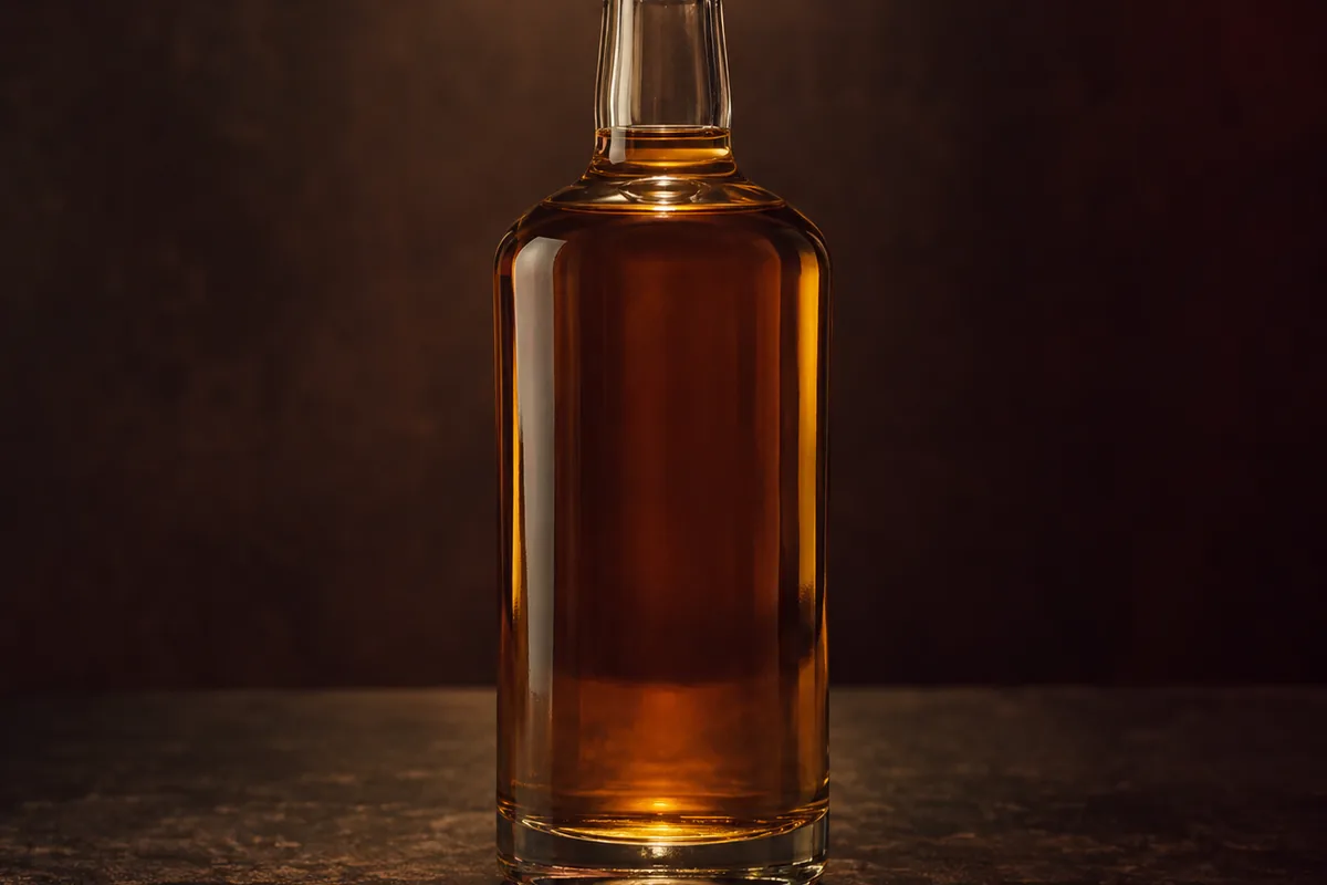A plain clear glass bottle of amber whisky with no printing on it at all, standing on a dark counter