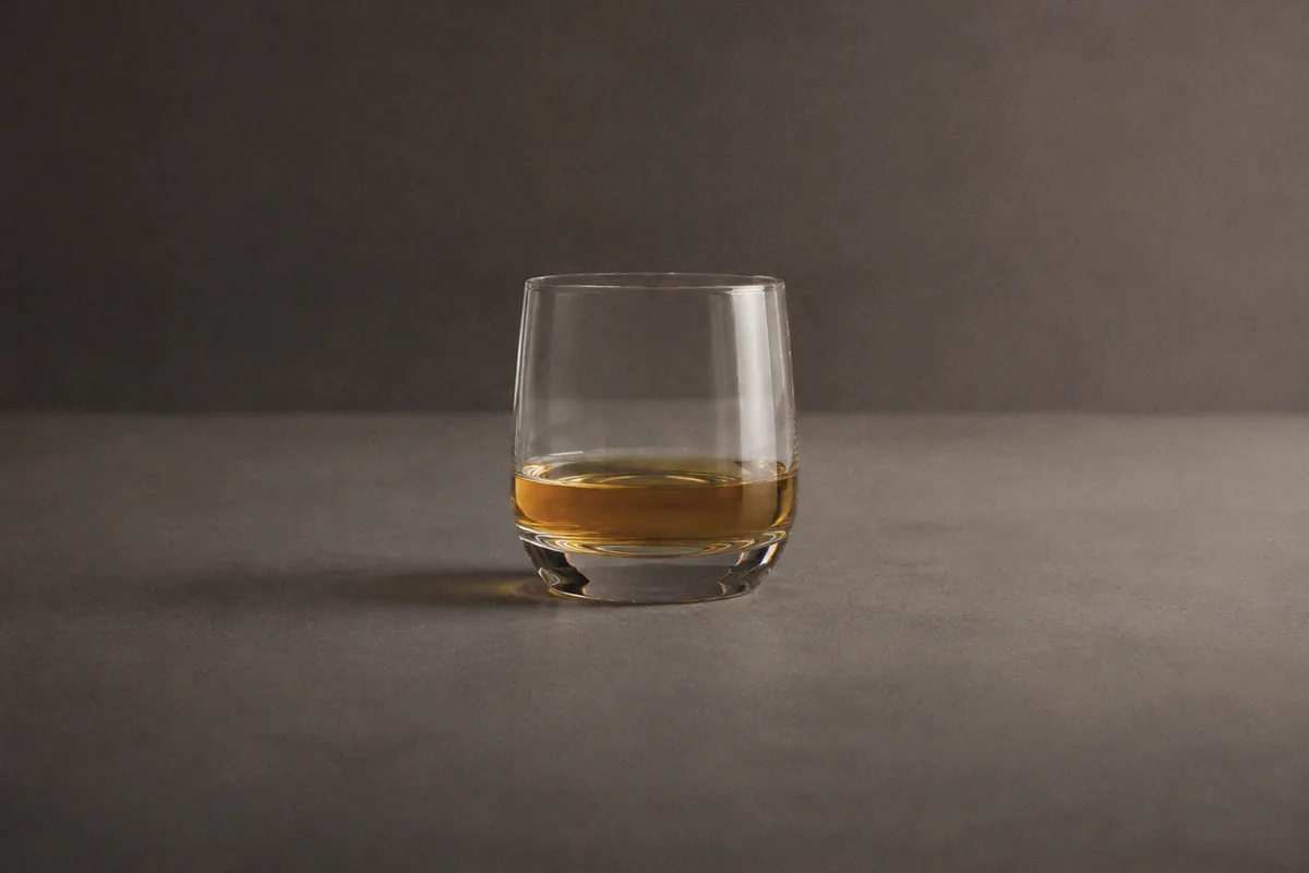 A single plain glass of pale amber whisky standing alone on a bare grey surface, lit coldly from one side, with nothing else anywhere in the frame.