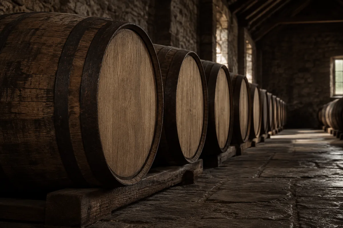 Plain unmarked oak casks resting on wooden runners in a cool stone warehouse