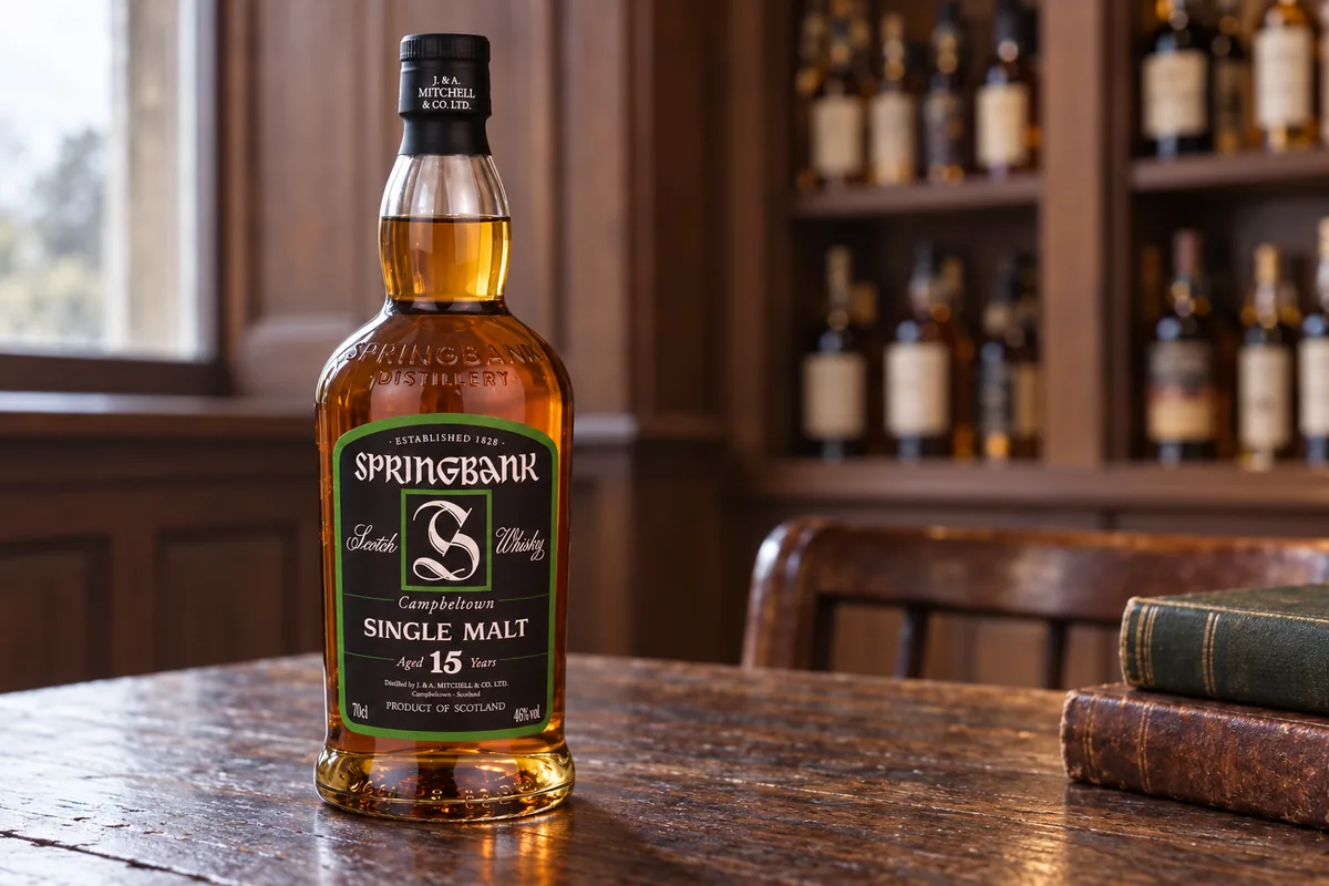 Springbank 15 Campbeltown single malt whisky bottle on a shop table.