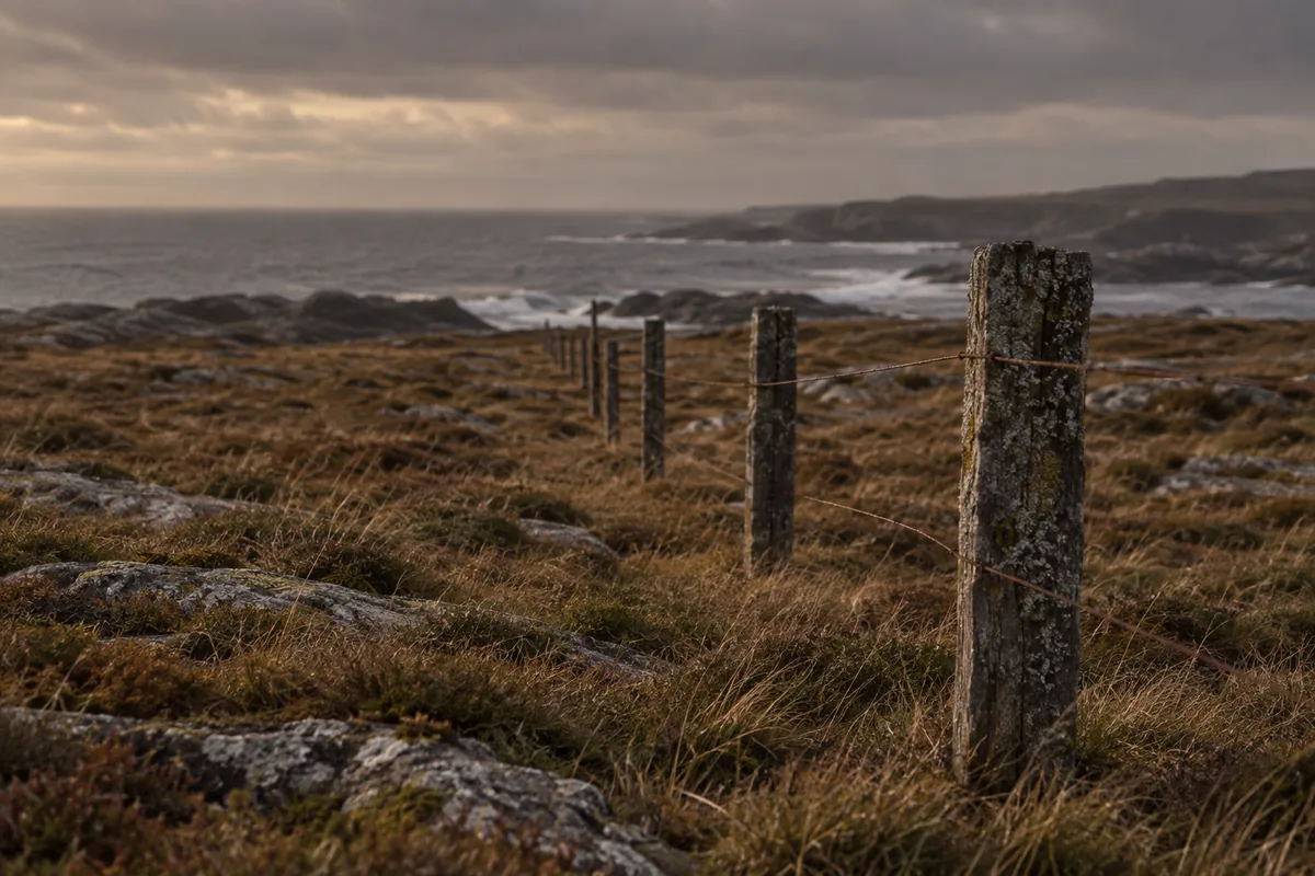 A quiet stretch of rough coastal grazing with a low fence post line running across it and identical ground on both sides