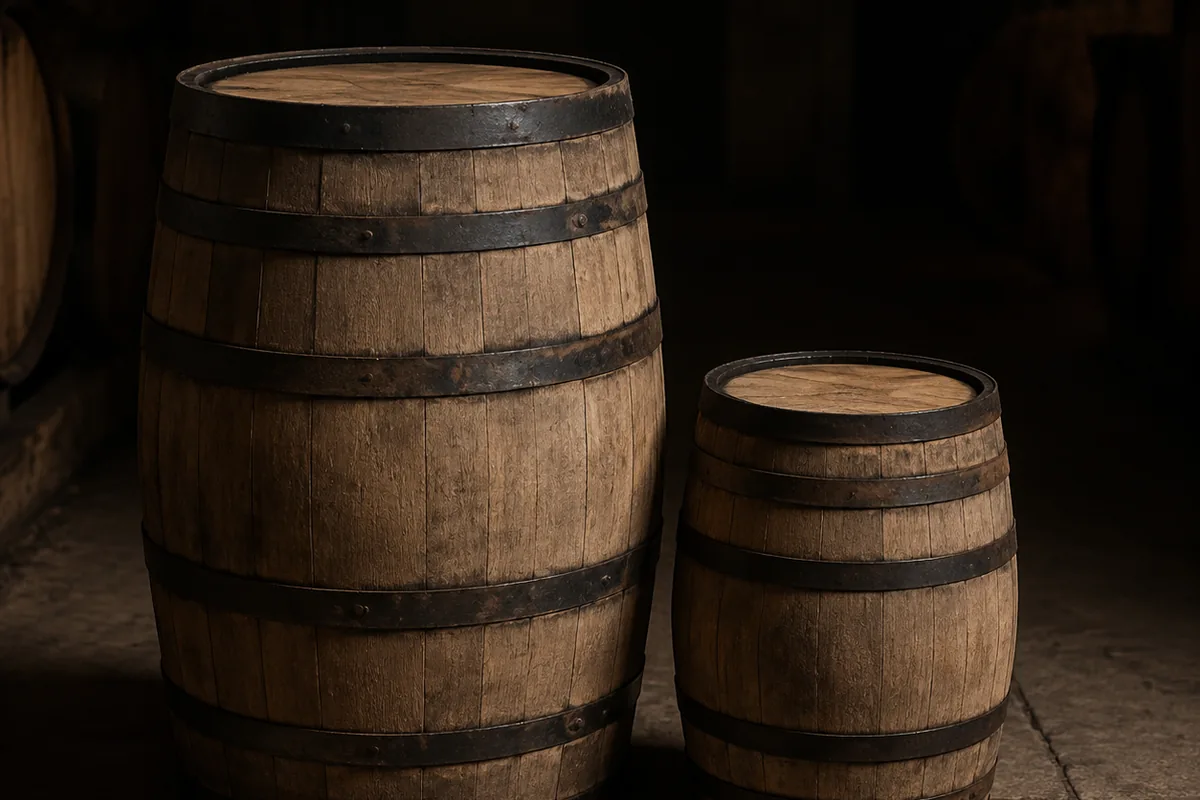 Two oak casks standing side by side on a warehouse floor under low light, one much taller and broader than the other, dark iron hoops and pale end grain visible on both.