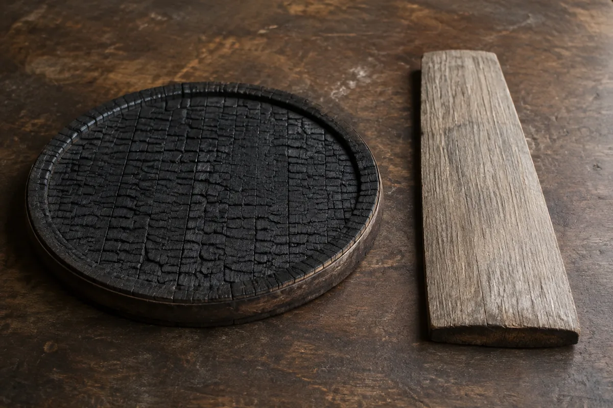 A charred oak barrel head lying beside a weathered plain cask stave on a dark workshop bench, the black blistered char on one set against the dry grey open grain of the other.