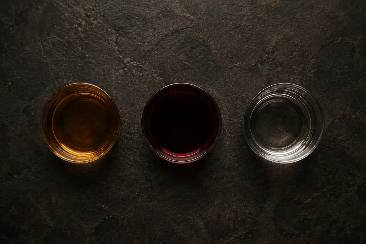 Three identical glasses seen from directly overhead on dark stone, each filled to the same level: amber whisky, deep red wine, and a colourless spirit.