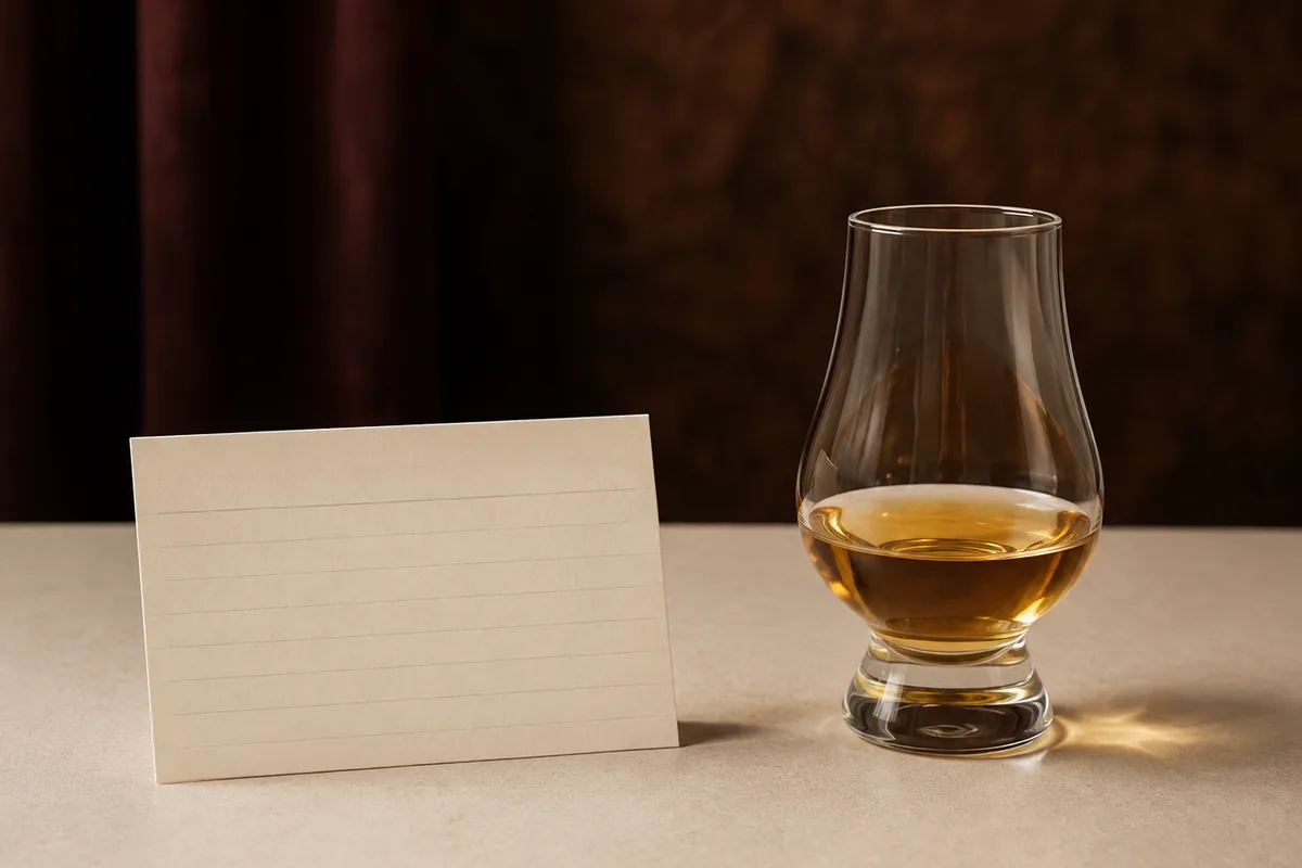 A tulip nosing glass holding pale amber whisky standing beside a blank ruled index card with nothing written on it, on a pale table.