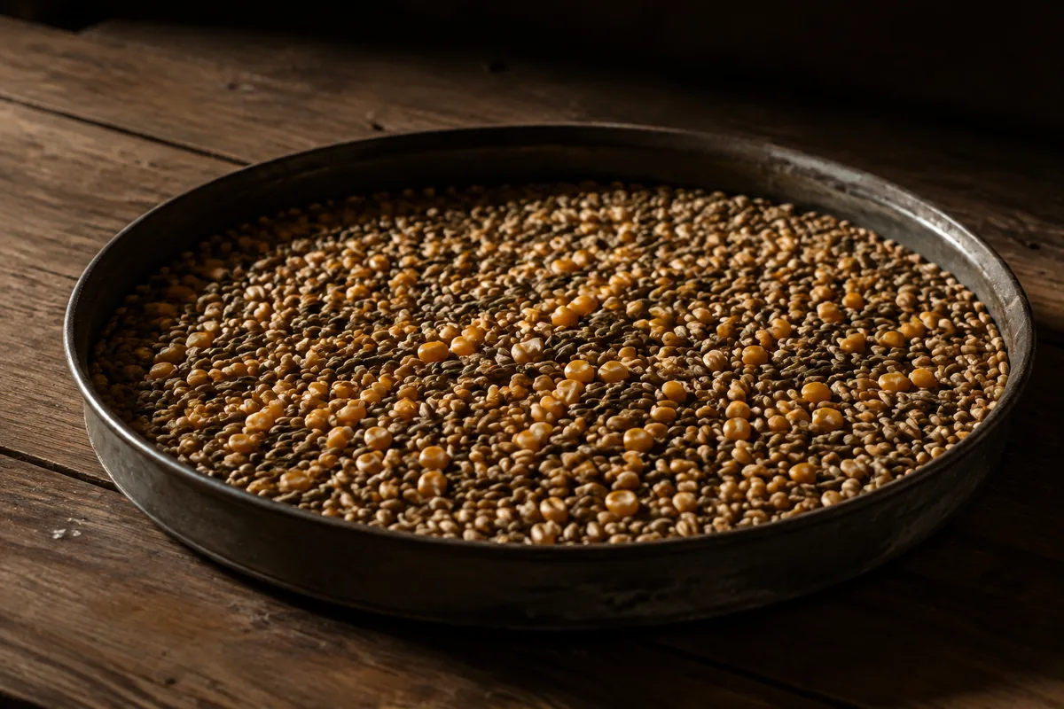 A wide shallow metal tray on a worn wooden table, filled with raw cereal grain of several kinds mixed through one another so that no proportion between them can be read off the surface.