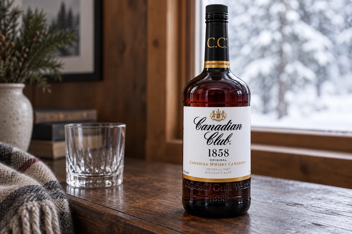 Canadian Club 1858 whisky bottle on a cabin sideboard beside a snowy window.