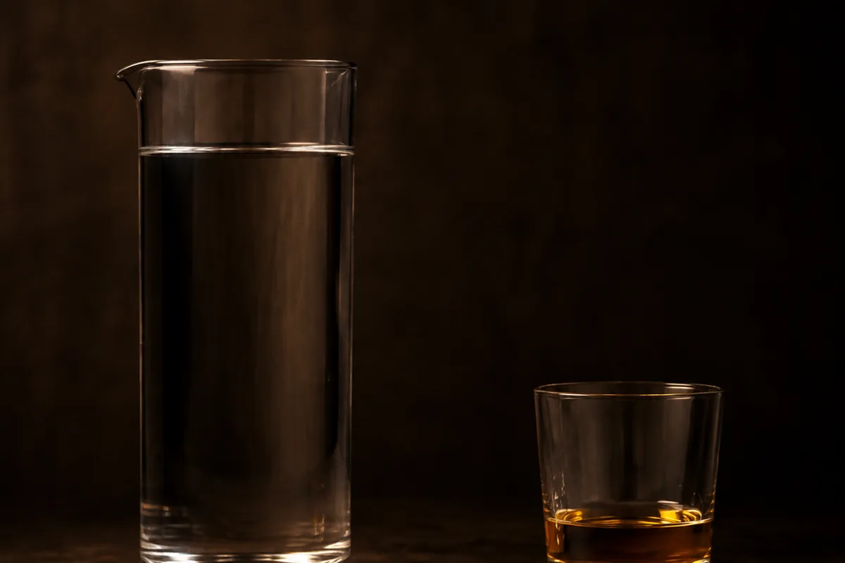 A tall clear measure of plain water standing beside a smaller glass of whisky on a dark bench, the two separate and unmixed, with more water than whisky in the frame.