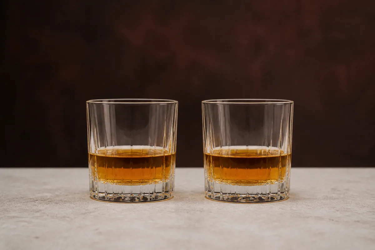 Two identical short glasses side by side on a plain surface, each holding whisky of the same colour filled to exactly the same level, with nothing to distinguish one from the other.