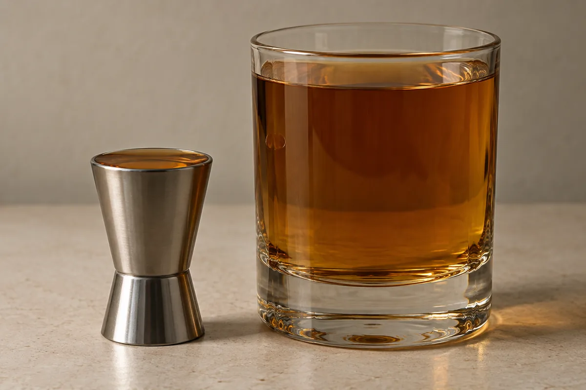 A small spirit measure filled to its brim standing beside a glass that has been poured freehand well past the same level