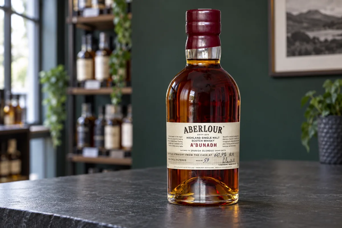 Aberlour A'bunadh cask-strength whisky bottle on a slate counter in a specialist bottle shop