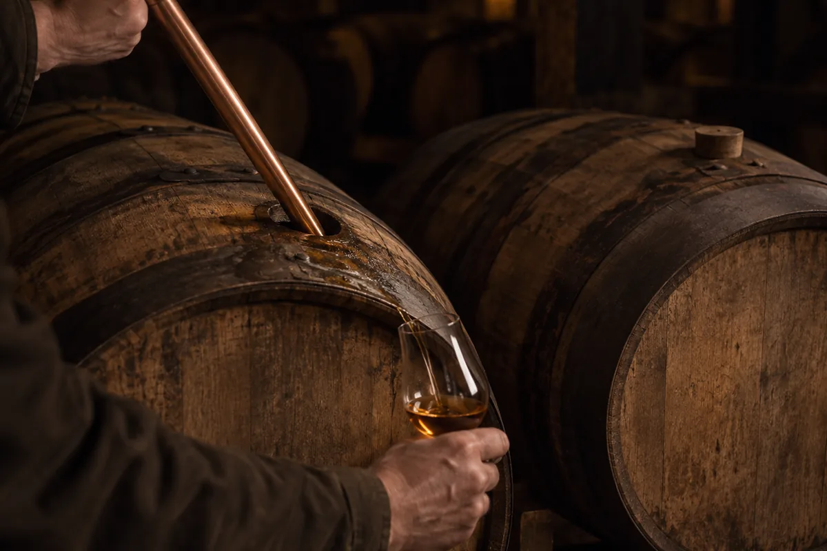 A copper valinch drawing a sample from the open bunghole of one cask on a rack, an identical cask beside it still closed