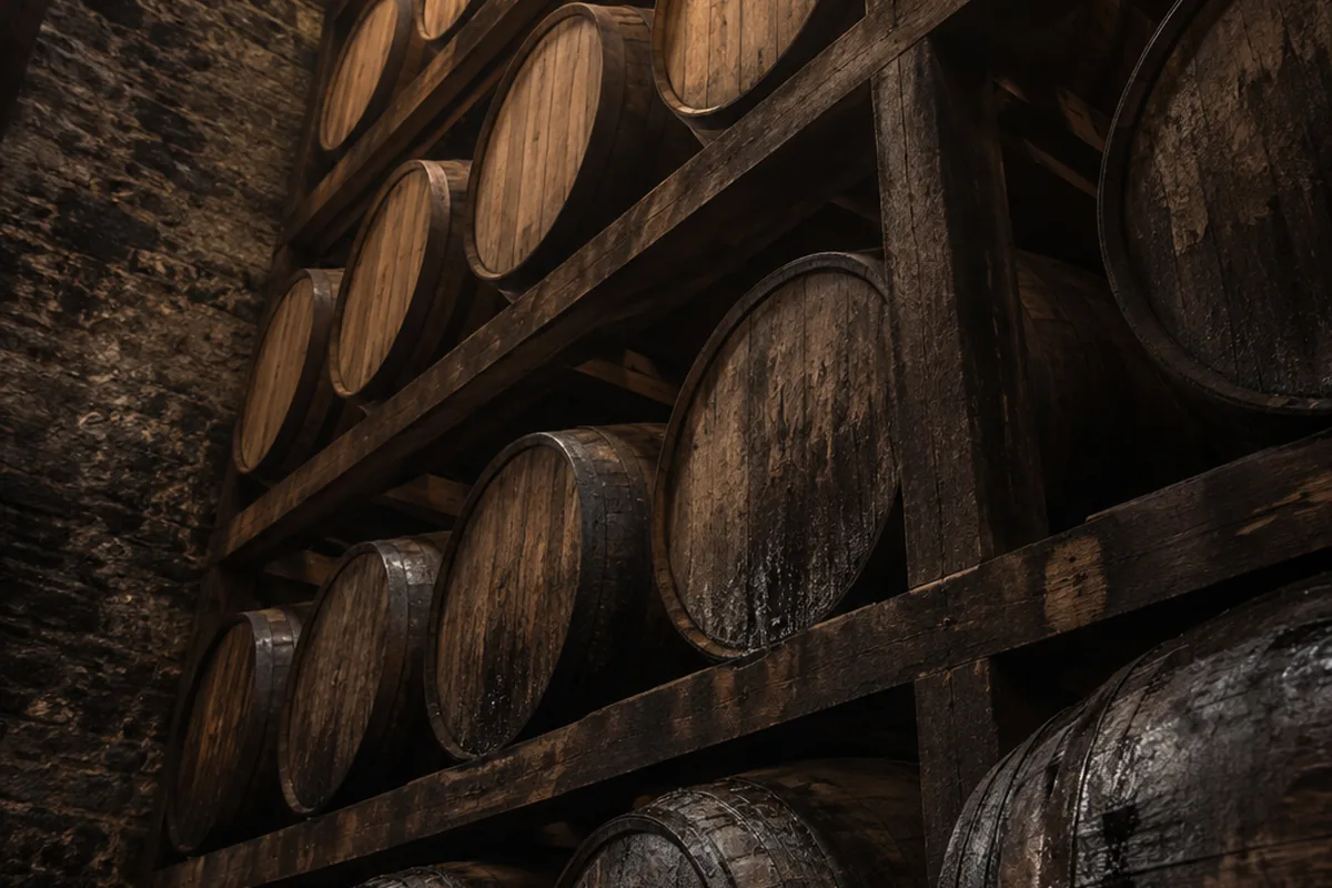 A warehouse rack of casks running from the floor to the roof timbers, the upper tiers under the warm roof and the lower ones close to the cold floor