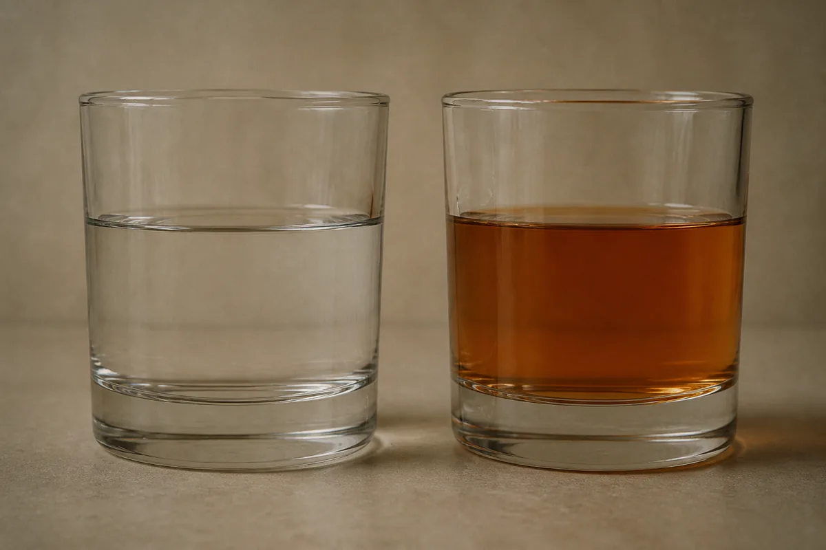 Two identical plain glasses side by side at eye level filled to the same depth, the left one completely colourless and the right a deep amber, on a bare pale bench with no barrel or bottle in the frame.