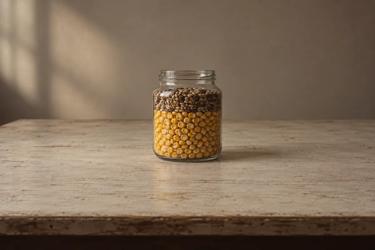 A glass jar holding a deep layer of yellow corn with a shallower layer of mixed darker grain above it, standing alone on a bare table