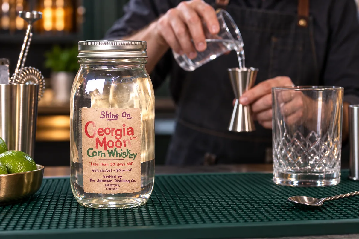 Georgia Moon corn whiskey jar at a cocktail station while an adult bartender measures water into a jigger