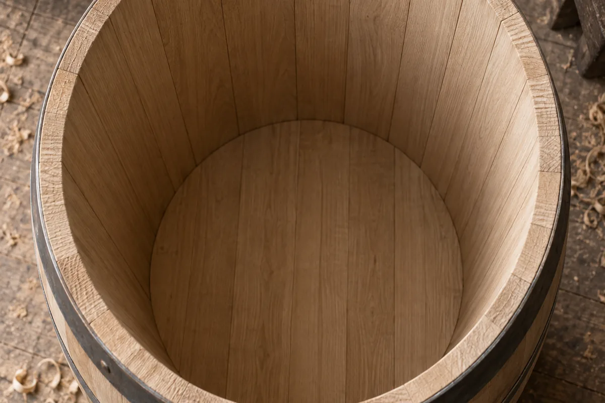 The open head of a new oak barrel showing raw pale unfired staves, with no char layer on the wood