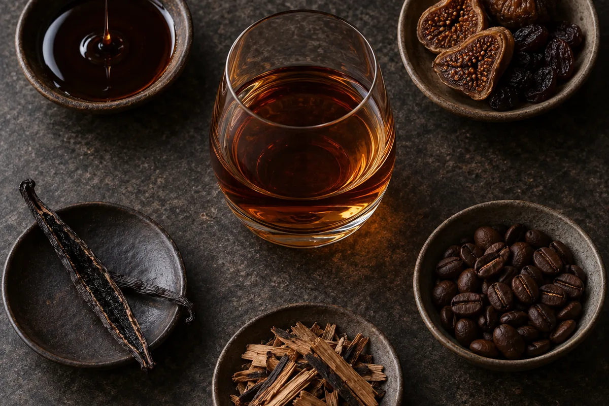 Separated aroma cues around one modest glass of dark rum: dark treacle, dried figs and raisins, a split vanilla pod, toasted oak shavings and roasted coffee beans, each in its own small dish on a dark stone worktop.