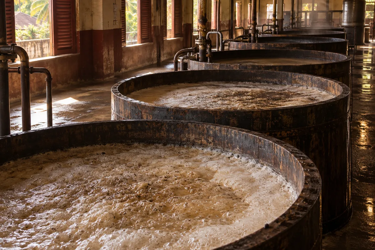 A raised view along a row of open-topped fermentation vessels in a rum distillery, active wash foaming to visibly different degrees across them, in a warm fermentation house with open shutters.
