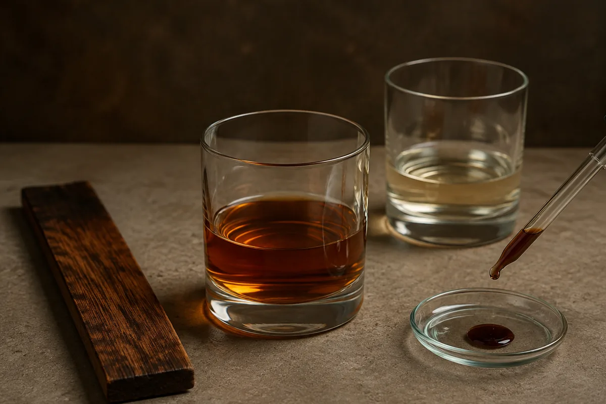 Dark rum beside toasted oak, a pale filtered rum sample, and one drop of caramel colour
