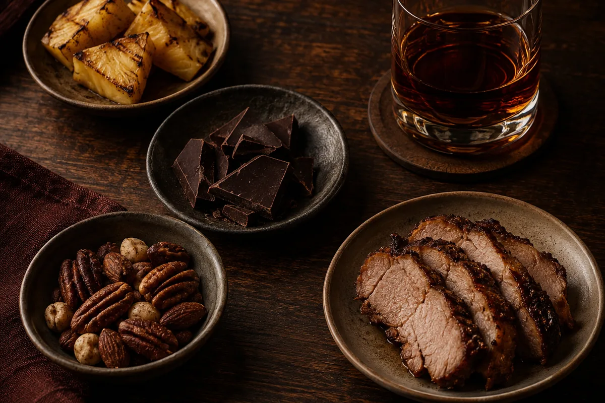 Small separate portions of grilled pineapple, dark chocolate, roasted nuts and slow-roast pork arranged apart on a dark timber table beside one modest glass of dark rum.