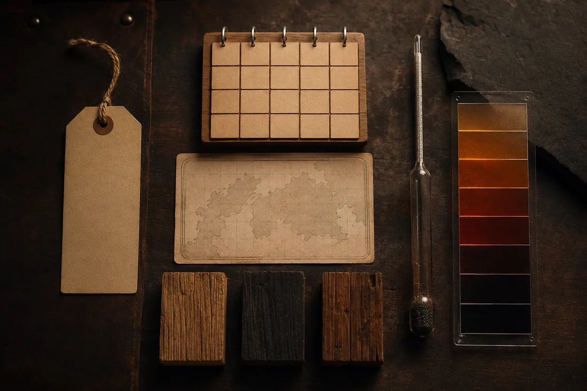 Unbranded dark rum label study showing separate age, ABV, origin, cask, and colour clues