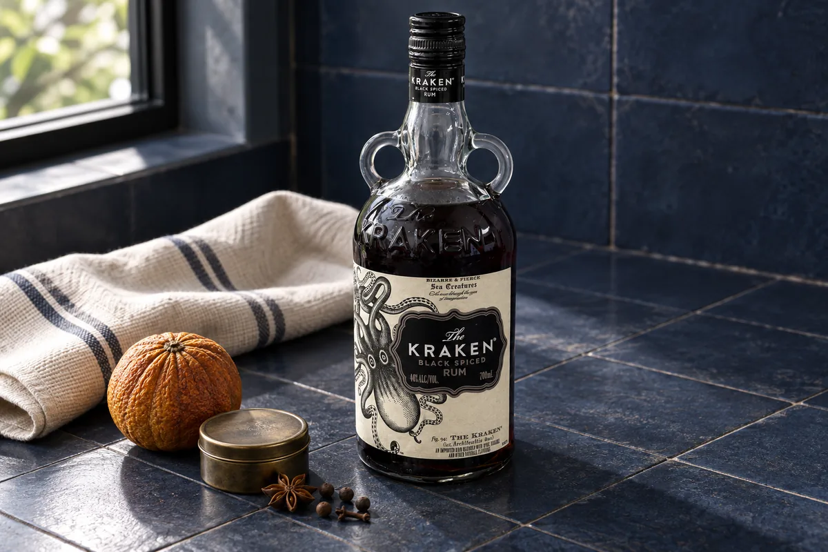 Kraken dark rum bottle on a navy label-study surface beside dried orange and whole spices