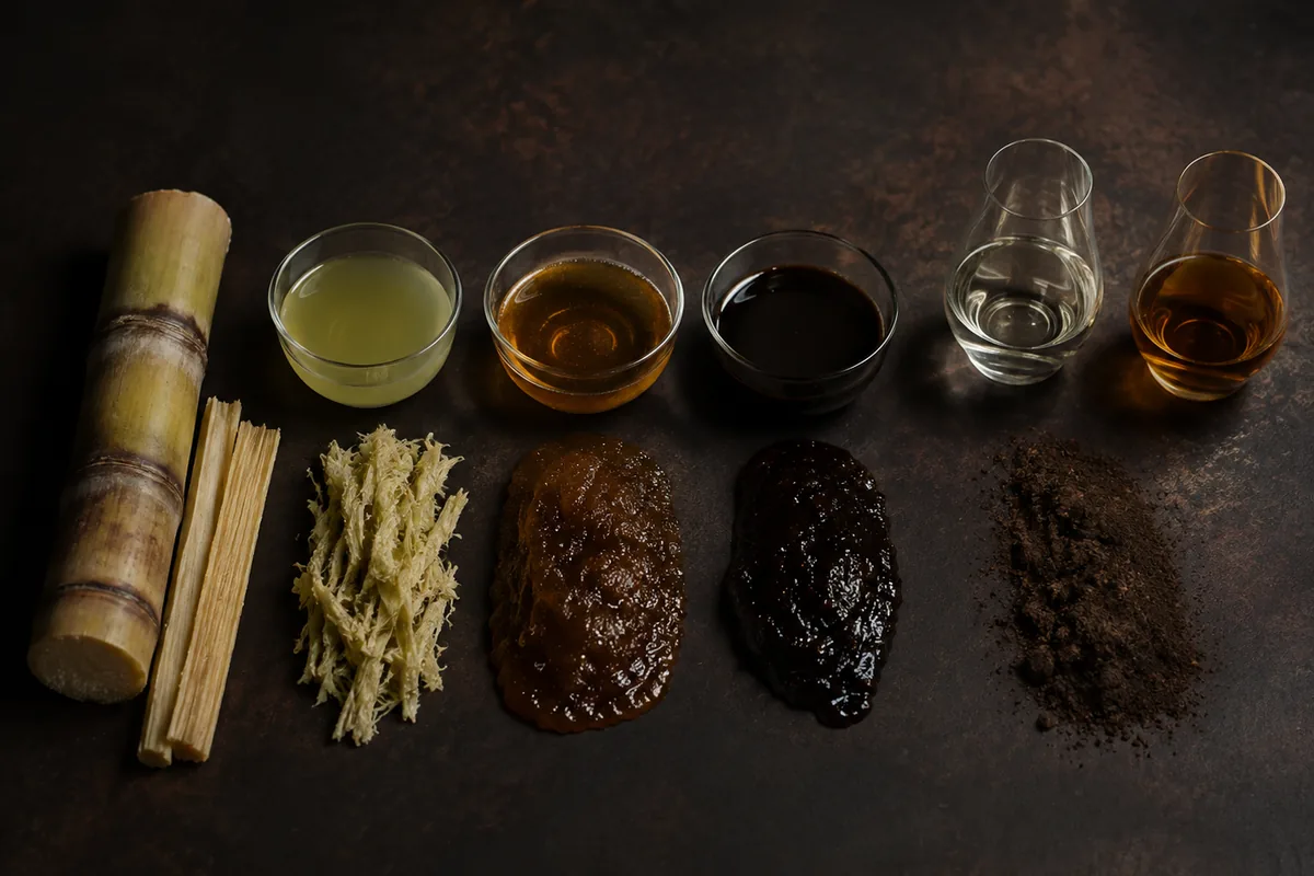 Molasses, fresh sugar cane juice, and cane syrup arranged separately for a dark rum raw-material comparison