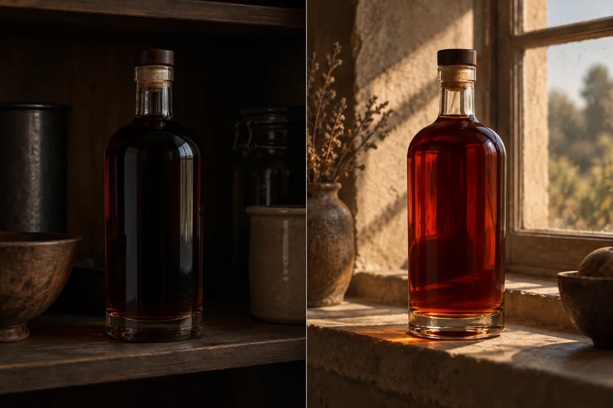 The same dark rum bottle shown in two places, standing upright in a cool shaded cupboard on one side and on a sunlit windowsill with hard light through the glass on the other.