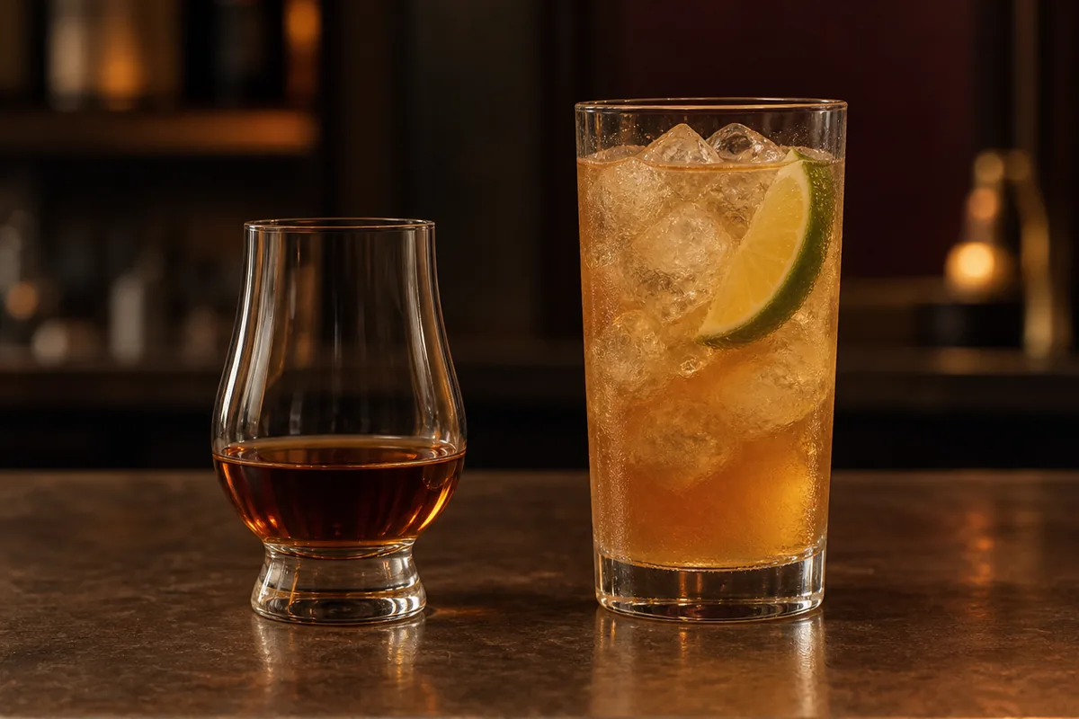 One modest neat pour of dark rum in a plain tasting glass beside the same rum built into a tall iced mixed drink with citrus, both at equal height on a plain bar counter.