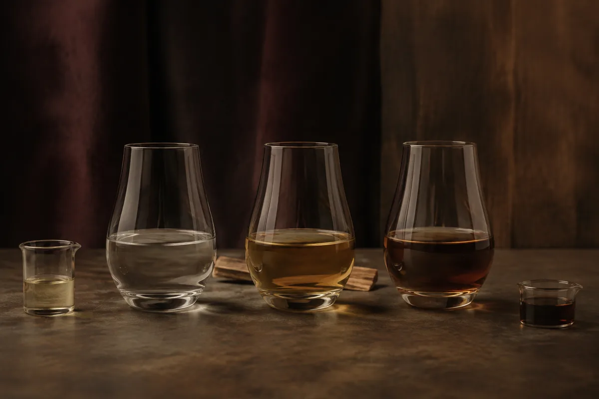 Equal glasses of clear white rum, amber gold rum, and deep brown dark rum beside oak and a measured caramel sample