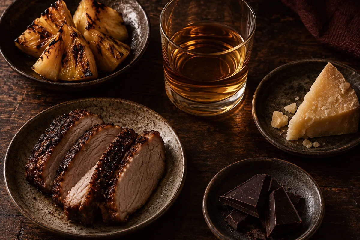 Charred grilled pineapple, sliced slow-roasted pork, a wedge of hard aged cheese, and dark chocolate in four separate dishes beside a glass of amber rum