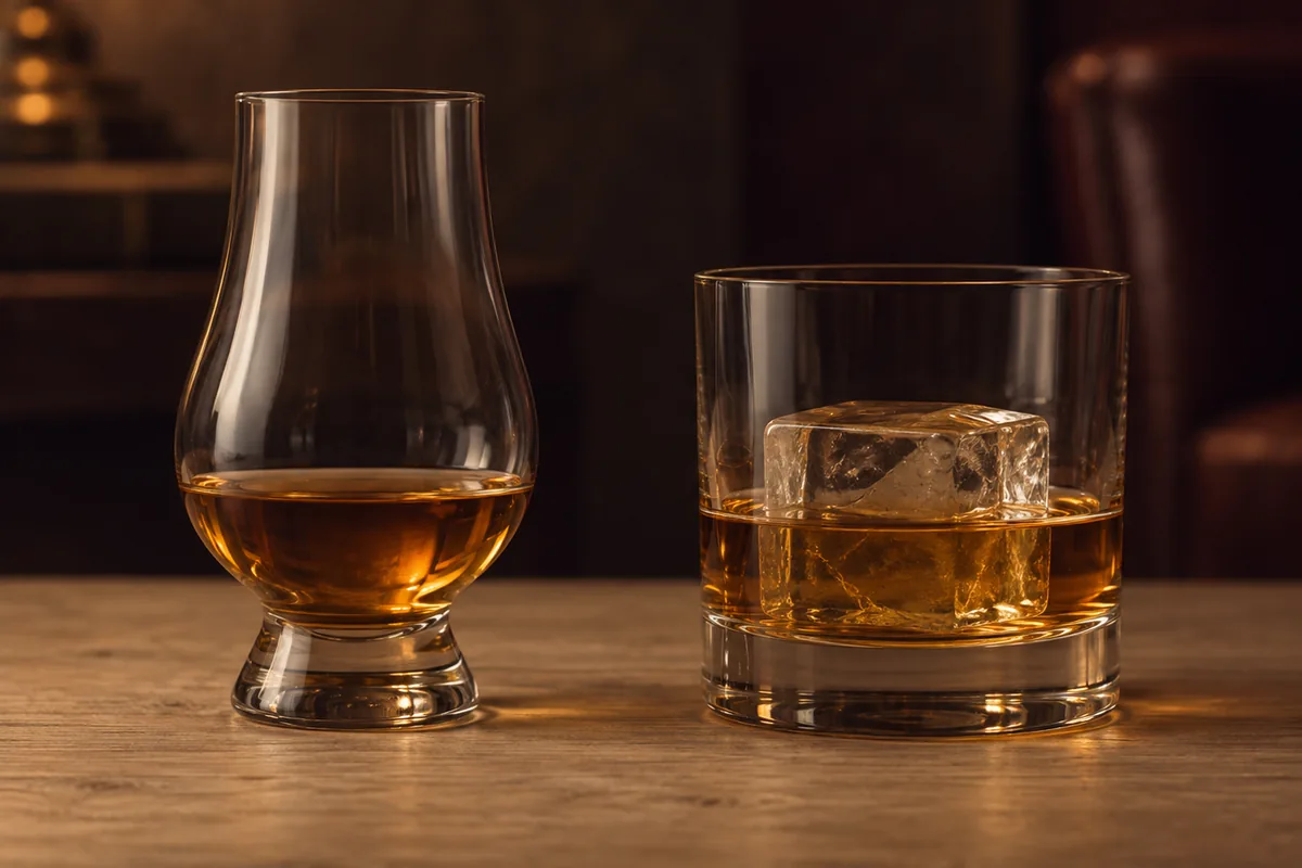 A narrow tulip tasting glass and a wide straight-sided tumbler holding equal pours of the same golden amber rum
