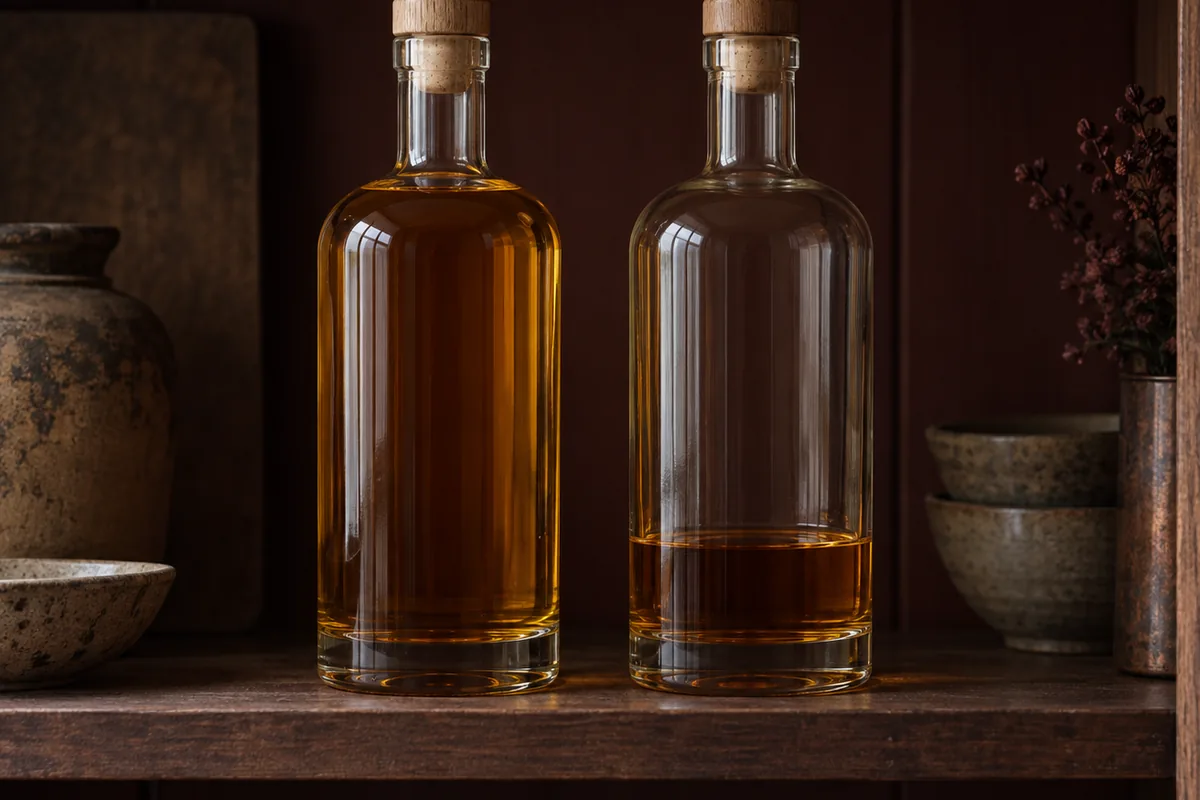 Two identical unlabelled rum bottles standing upright on a cupboard shelf, one nearly full and one holding a shallow remainder under a tall column of air