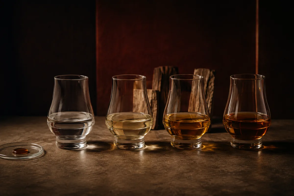 Clear rum, several amber rum shades, oak samples, and a caramel colour drop arranged as separate causes of gold rum colour