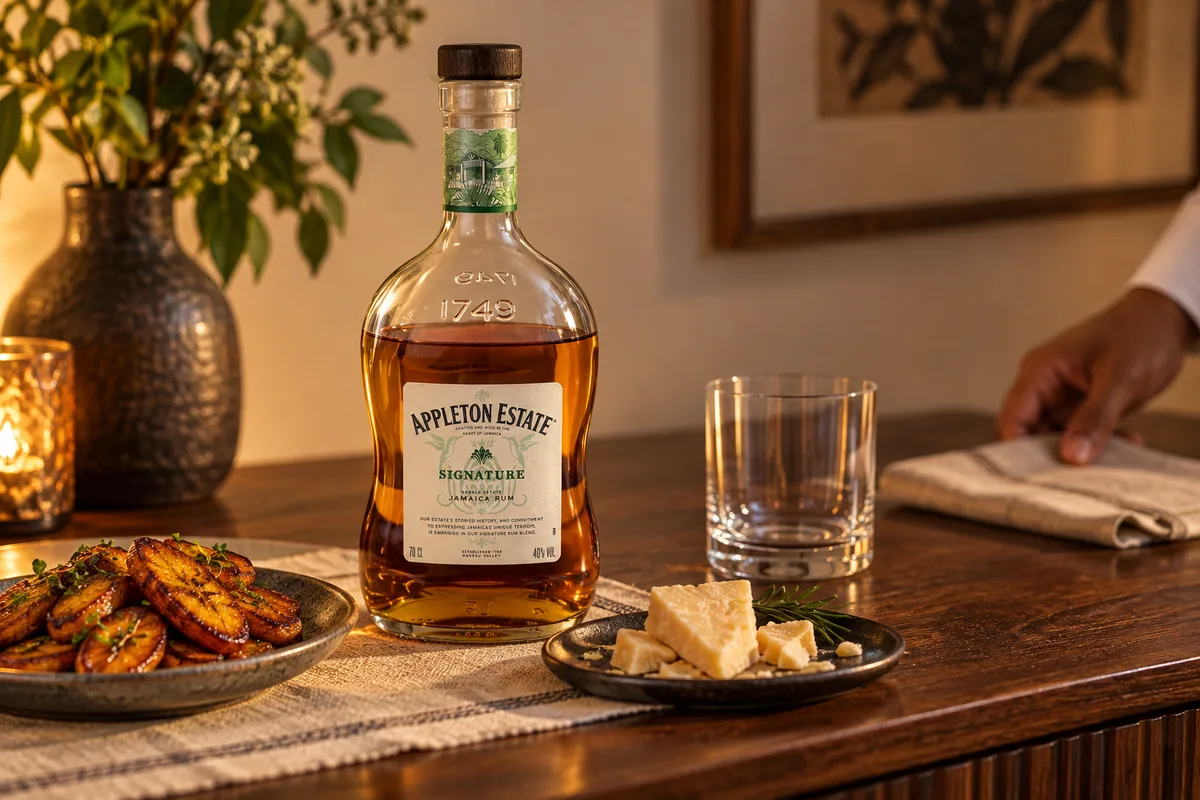Appleton Estate Signature gold rum bottle beside roast plantain, aged cheese and an empty water glass