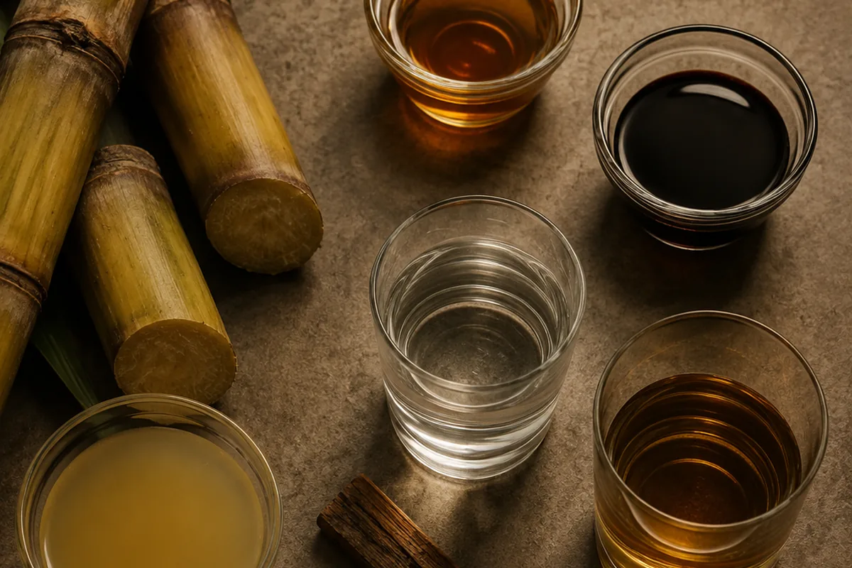 Molasses, fresh sugar cane juice, and cane syrup shown beside clear new rum and amber matured rum