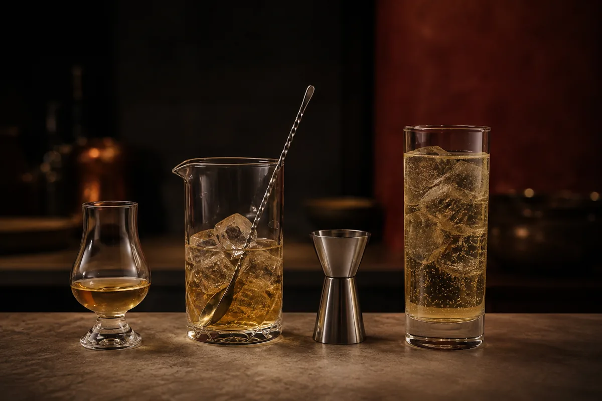 Equal measures of gold rum shown neat, over mixing ice, and lengthened with carbonated water