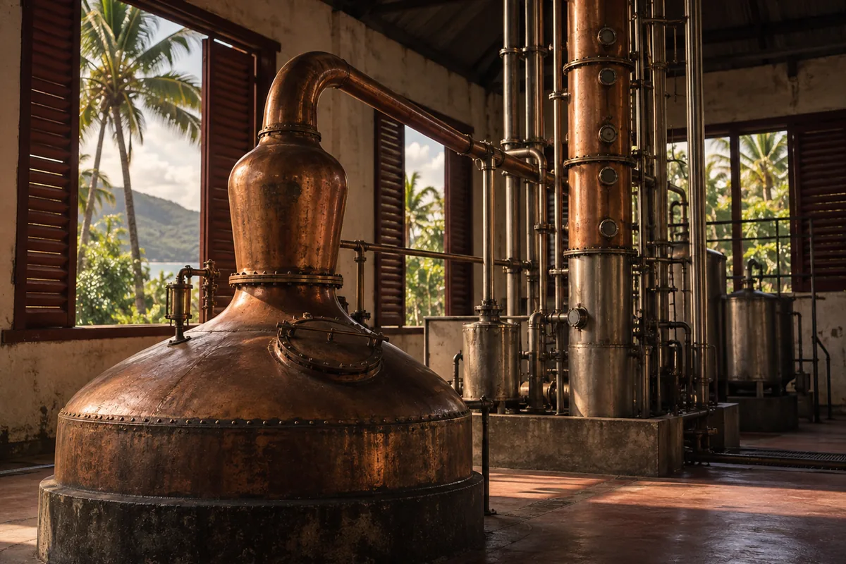 A squat copper pot still with a swan neck standing in front of a tall continuous column still in one distillery still house