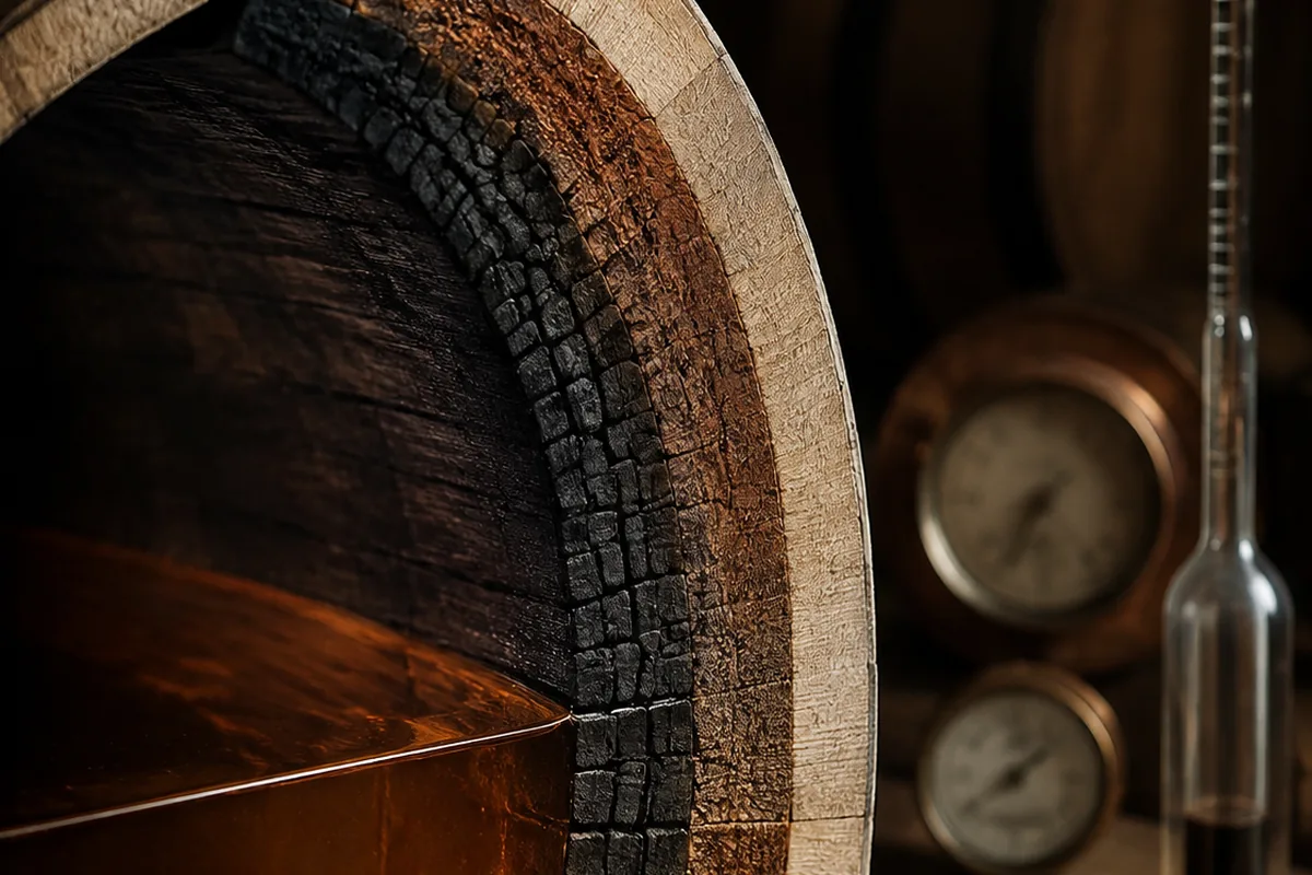 Cutaway new charred oak barrel with char, toasted wood, whiskey, and warehouse temperature changes identified visually