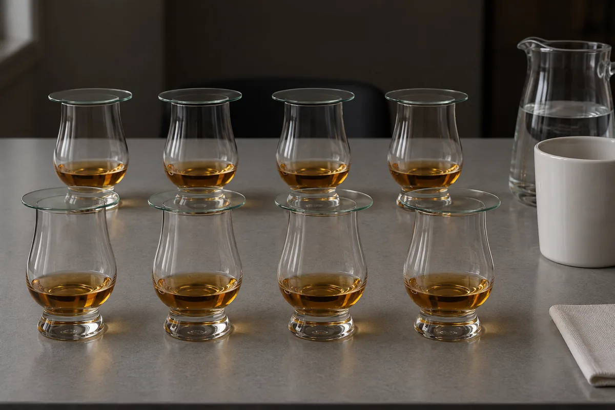 Eight identical covered tasting glasses holding equal measures of amber whiskey in two rows on a sensory evaluation bench