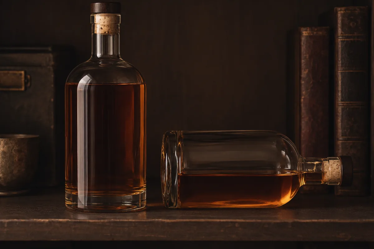 Two identical unlabelled whiskey bottles on a dark shelf, one standing upright and one lying flat with its cork at the low end